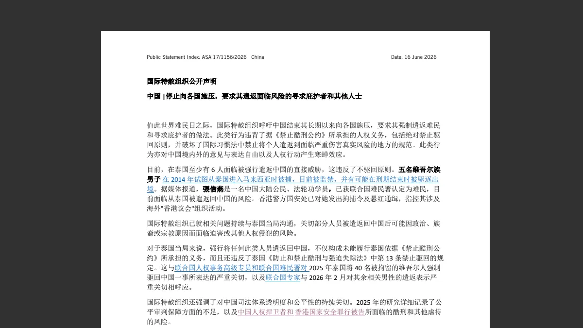 研究报告称中国对海外高风险寻求庇护者的遣返施加压力