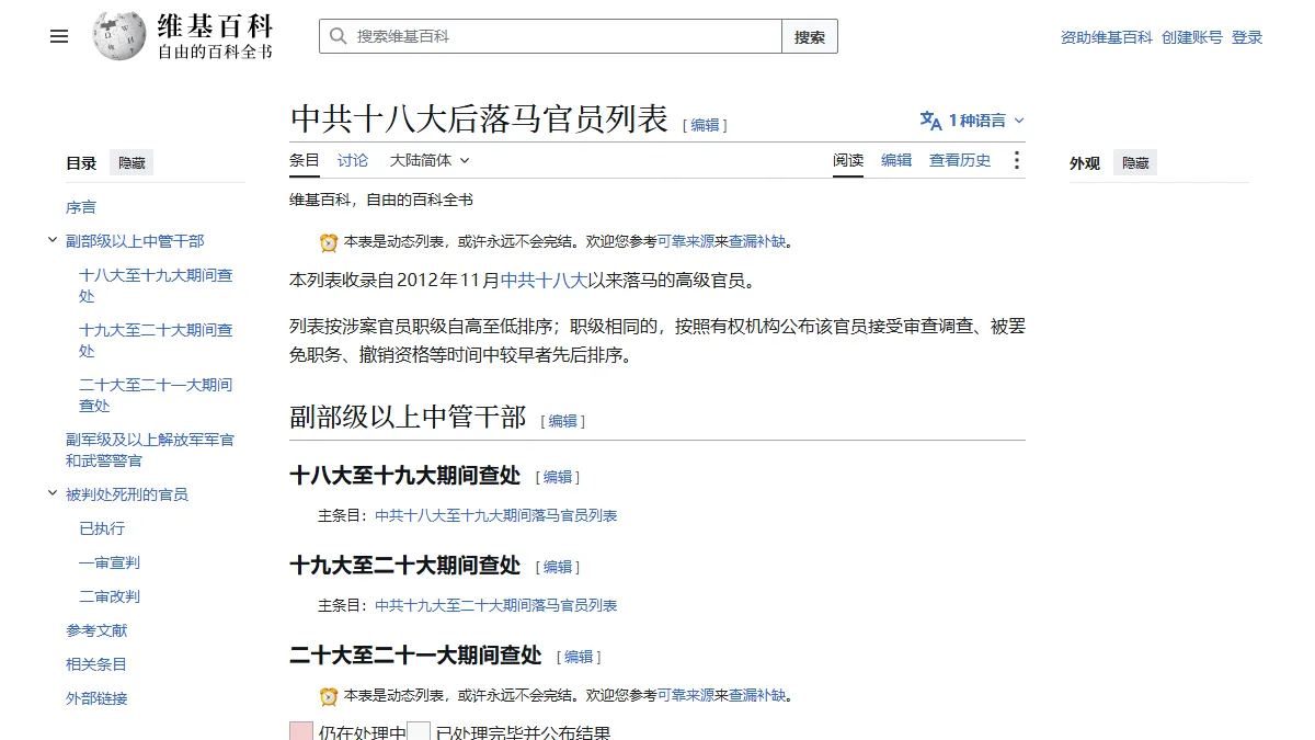 中共十八大后落马官员列表